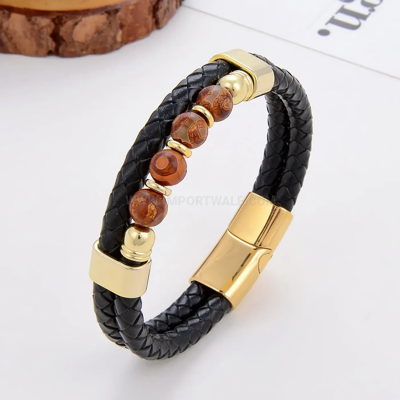 Handcrafted Braided Leather Wristband with Stainless Steel Magnetic Closure