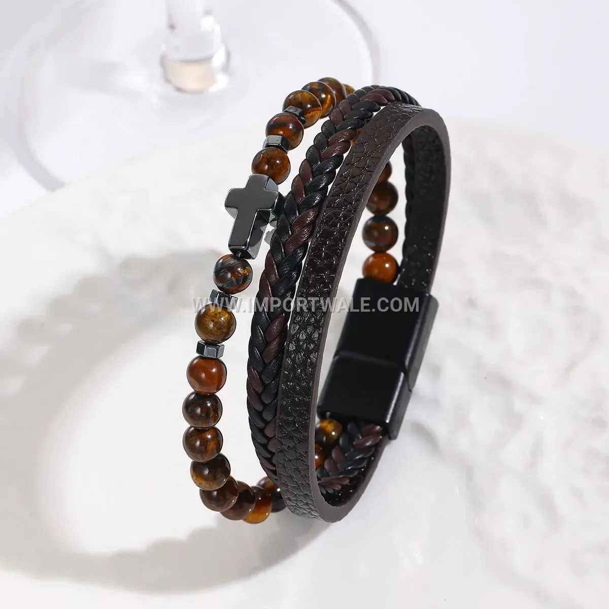 Men's Woven Leather Beads Cross Charm Magnetic Clasp Wristband