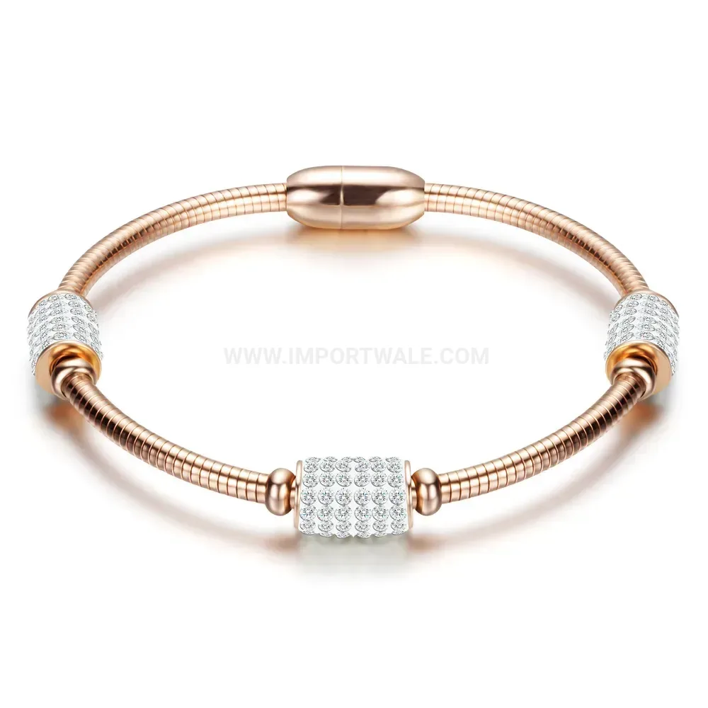 Premium Pave Crystal Round Charm Magnetic Stainless Steel Bangle