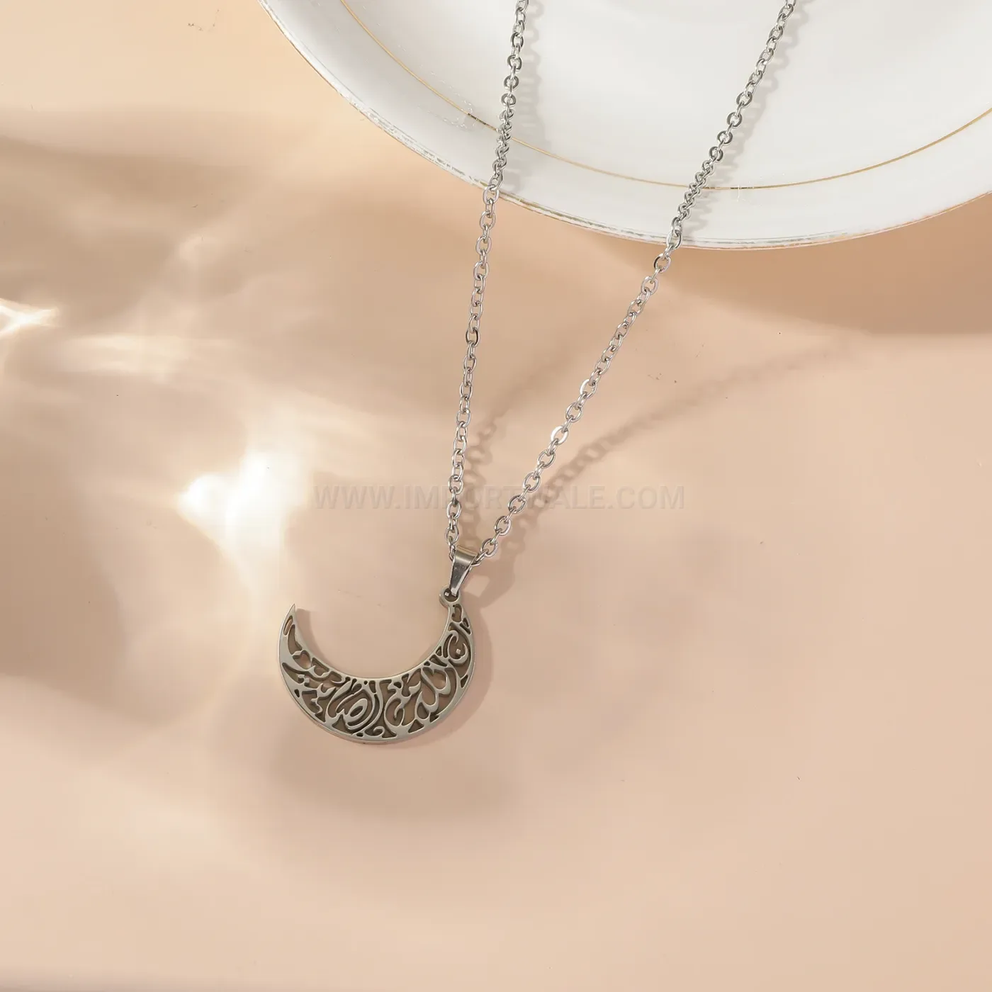 Stylish Crescent Moon Sabr Calligraphy Stainless Steel Pendant Necklace