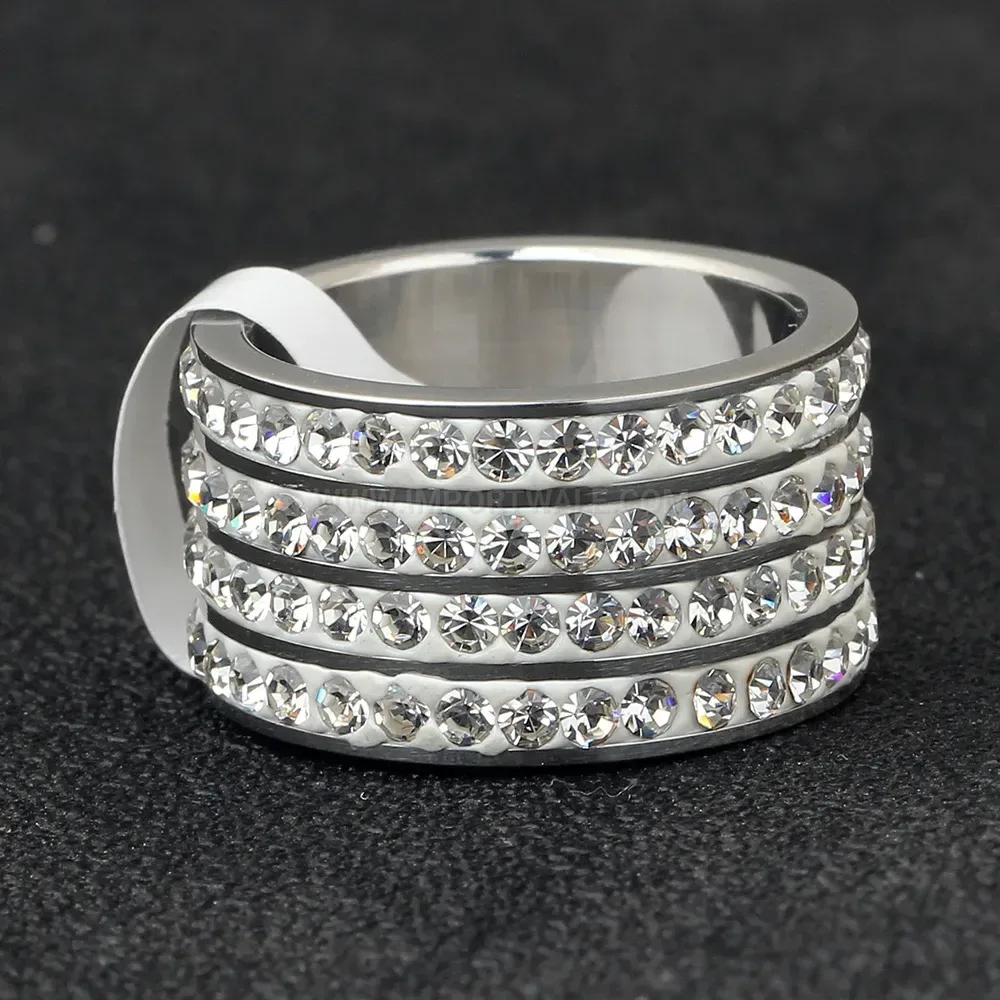 Four Row Rhinestone Stainless Steel Geometric Band Ring