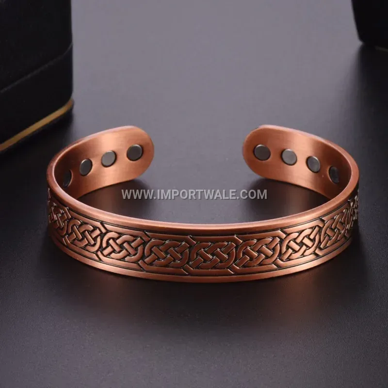 Vintage Patterned Pure Red Copper Magnetic Open Cuff Bracelet