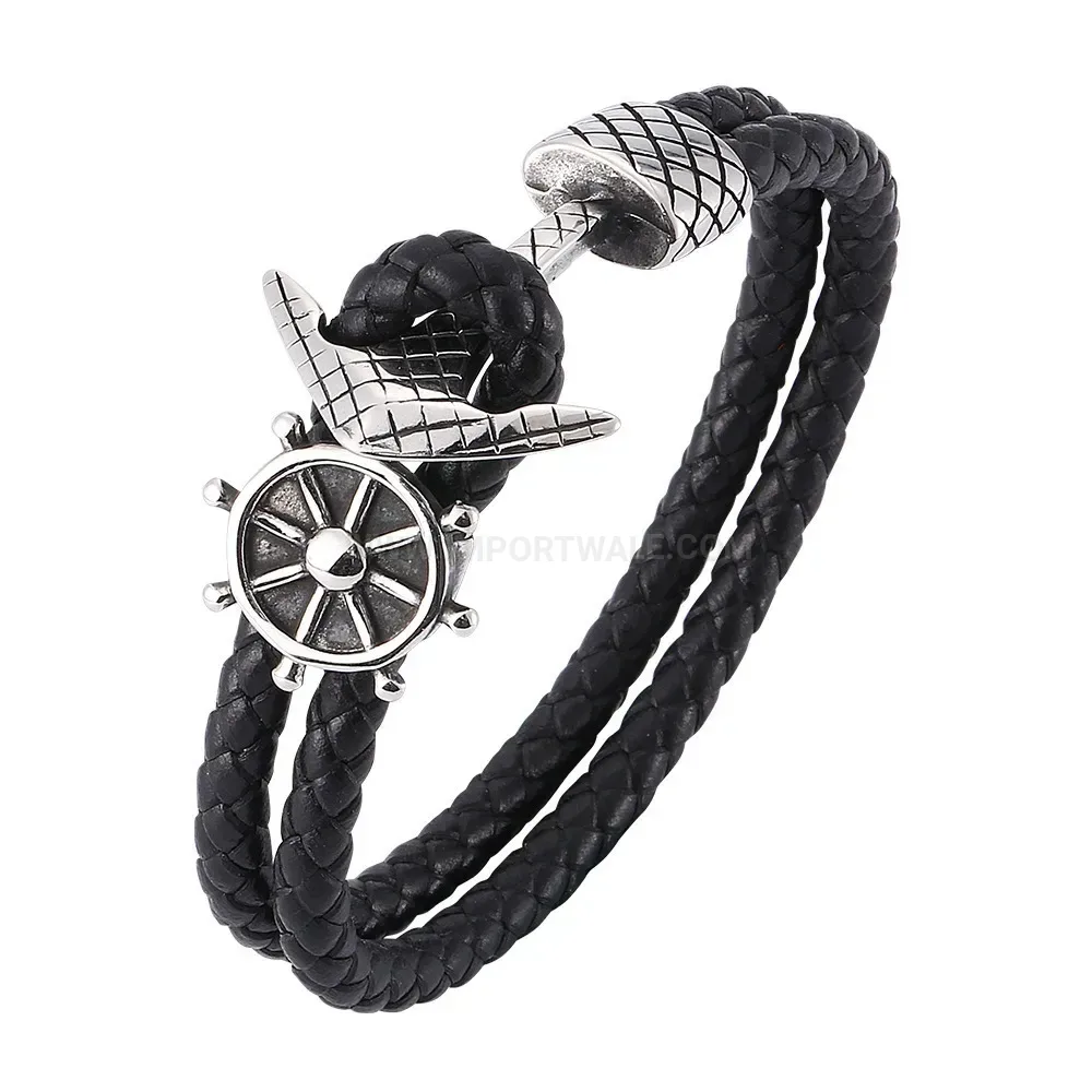 Braided Leather Anchor Charm Stainless Steel Cuff Bracelet