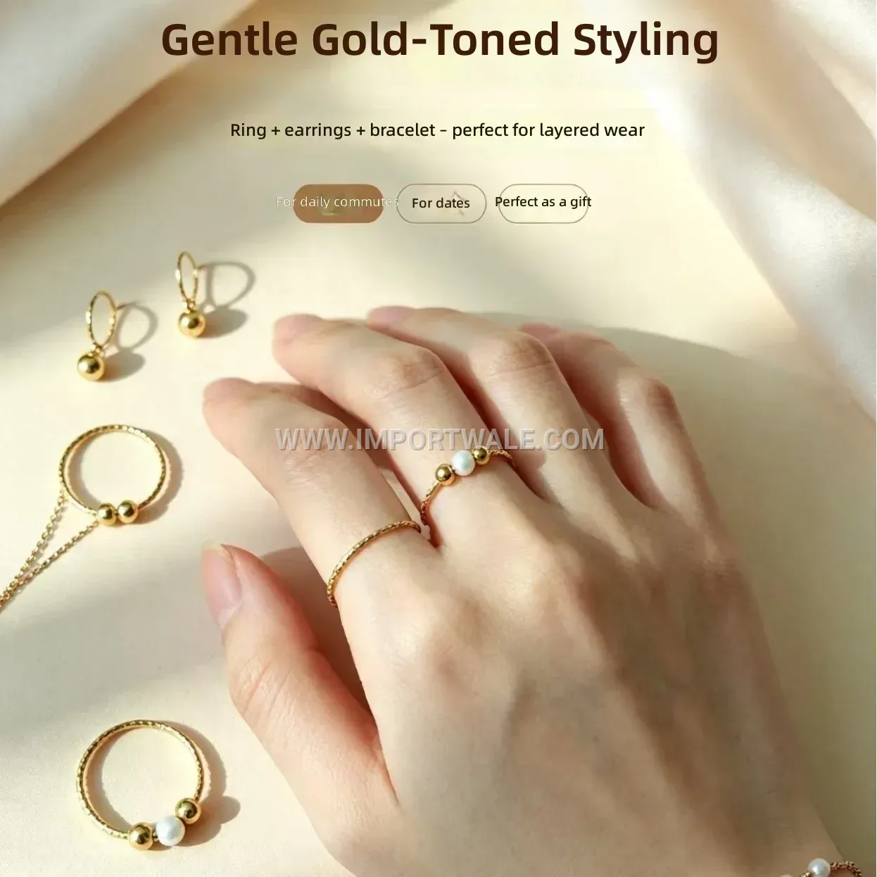 Pearl Accent Gold Beaded Stainless Steel Ring