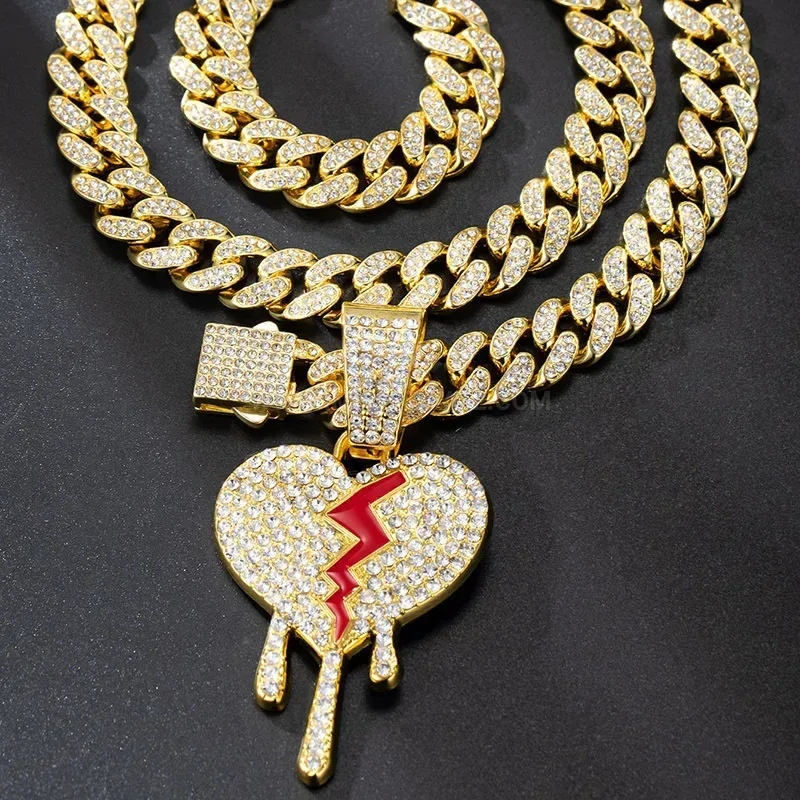 Stylish Crystal Pave Bleeding Broken Heart Alloy Cuban Necklace