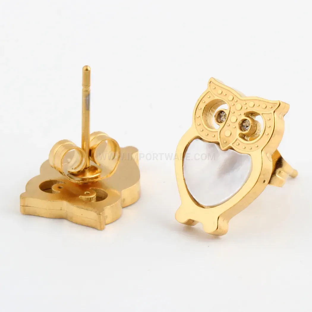 Fashion Minimalist Stainless Steel Owl Stud Earrings with Shell Inlay