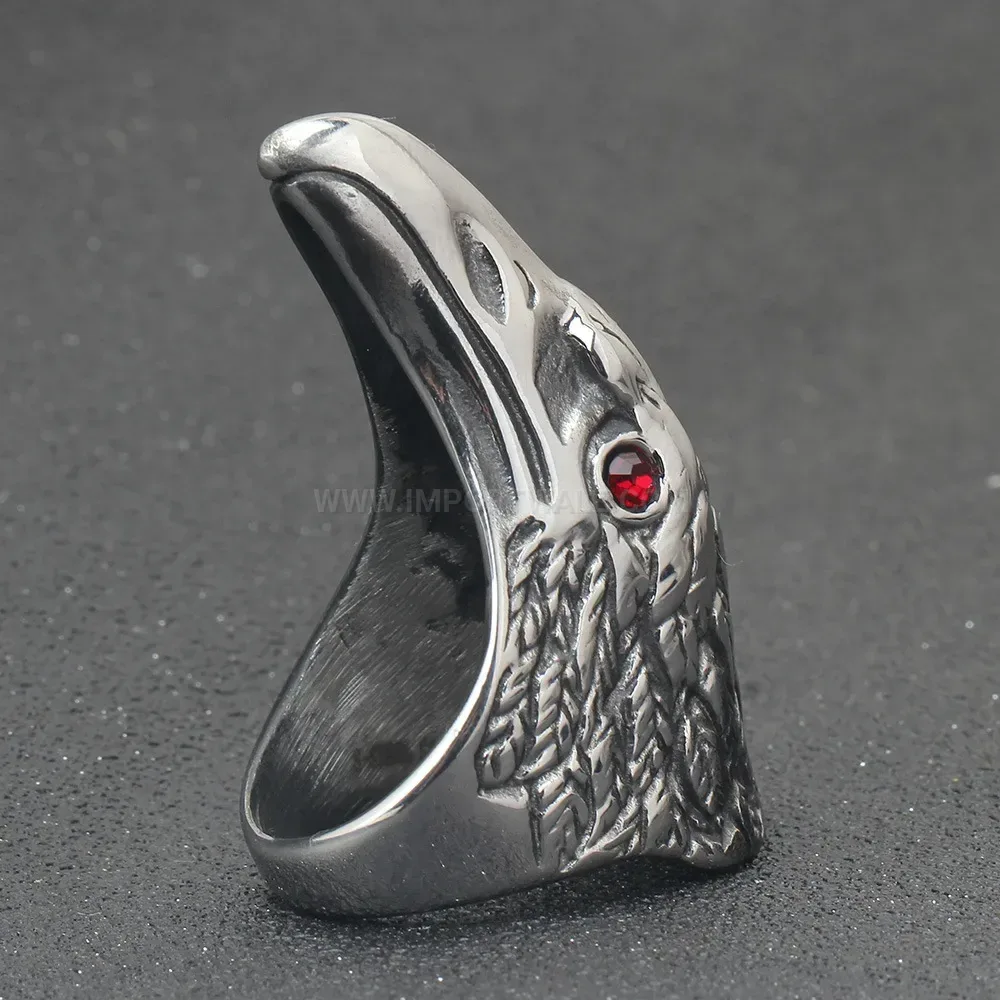 Fashion Vintage Punk Stainless Steel Eagle Head Ring with Zircon Accent