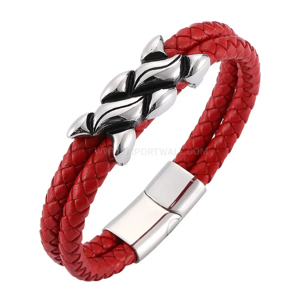 Woven Leather Magnetic Clasp Bracelet with Stainless Steel Detail
