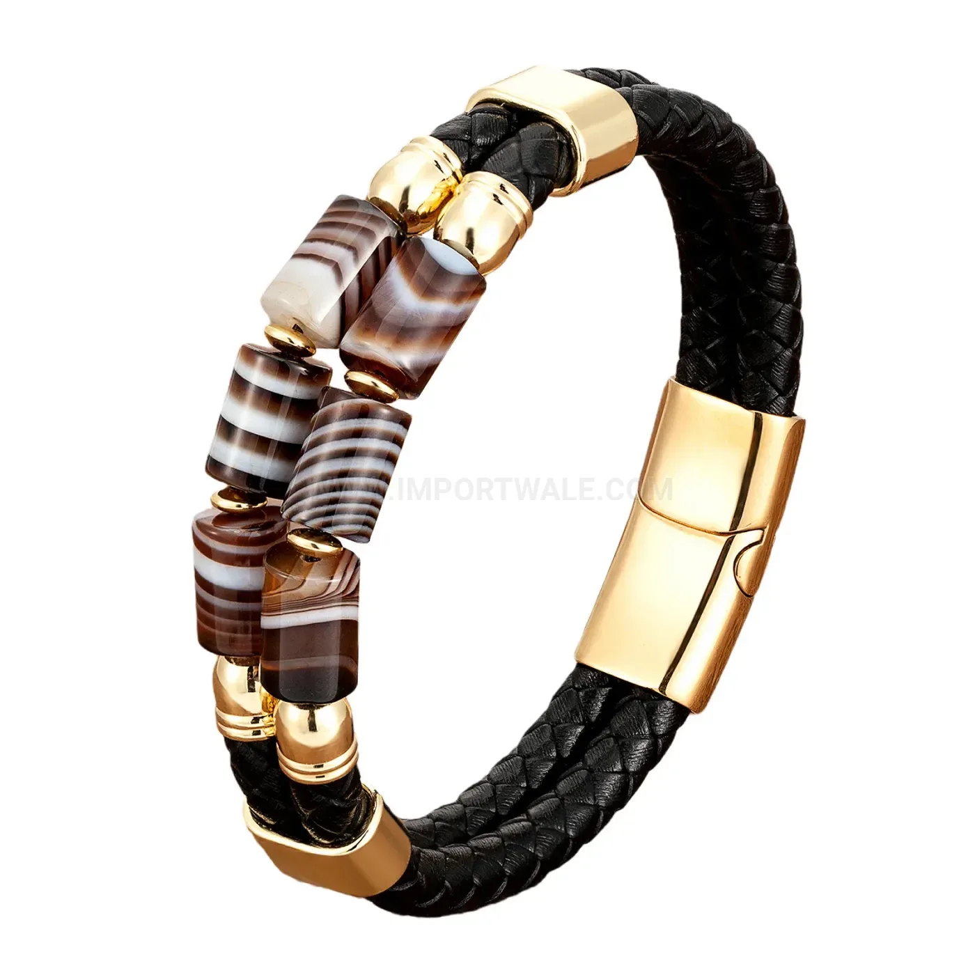 Woven Leather Stone Cuff Bracelet with Stainless Steel