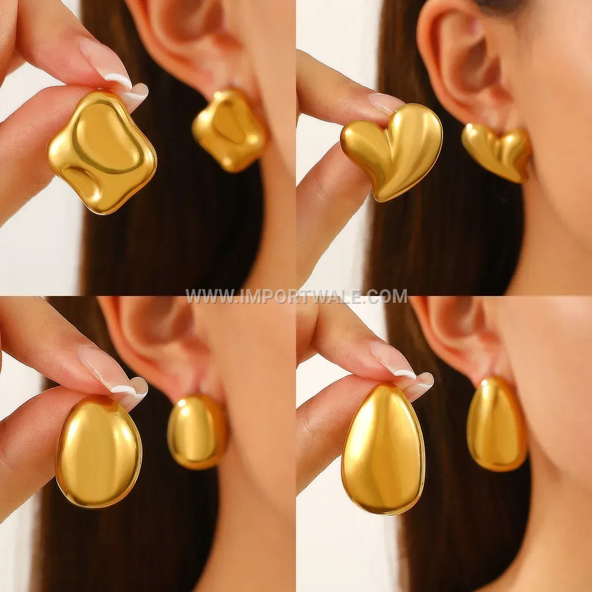 Textured Oval Heart Water Drop Gold Plated Titanium Steel Studs