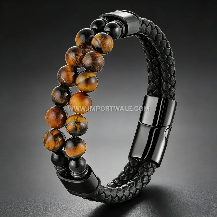 Braided Leather Wristband with Tiger Eye Stone and Magnetic Clasp