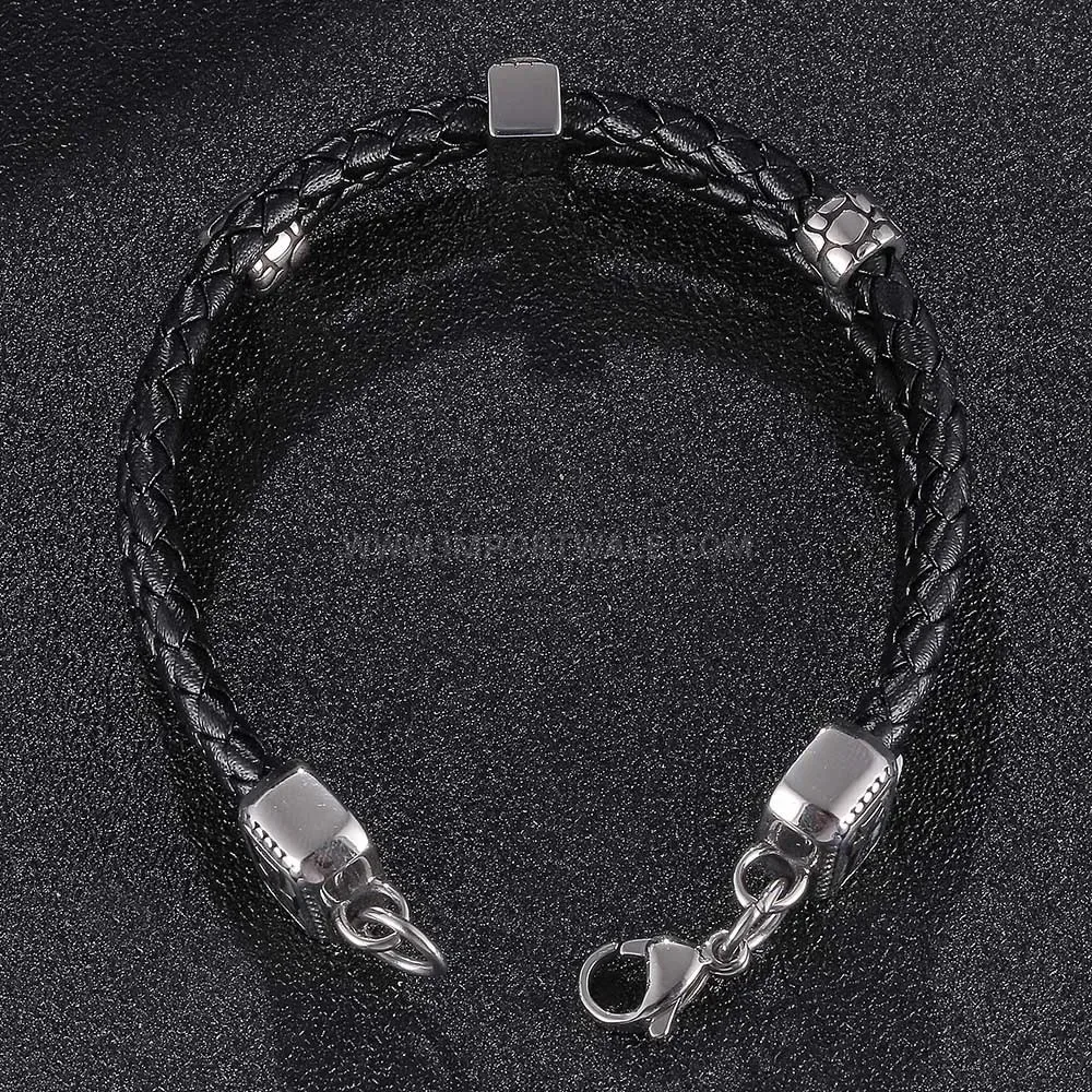 Double Layer Braided Black Leather Steel Accent Mens Bracelet