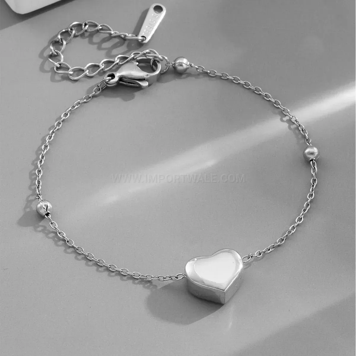 Titanium Steel Bead Accent Heart Charm Bracelet