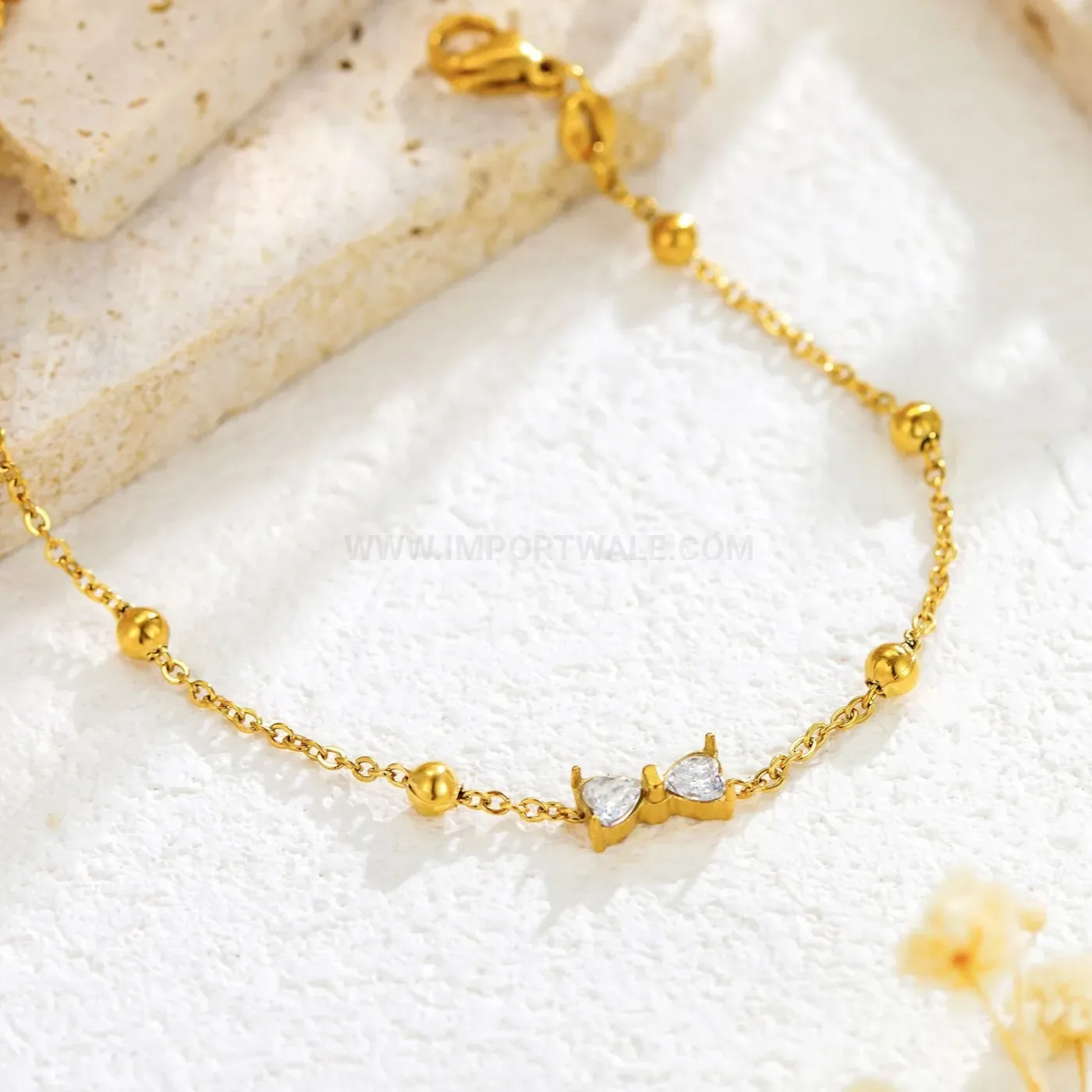 Gold Plated Bow Cubic Zirconia Stainless Steel Bracelet