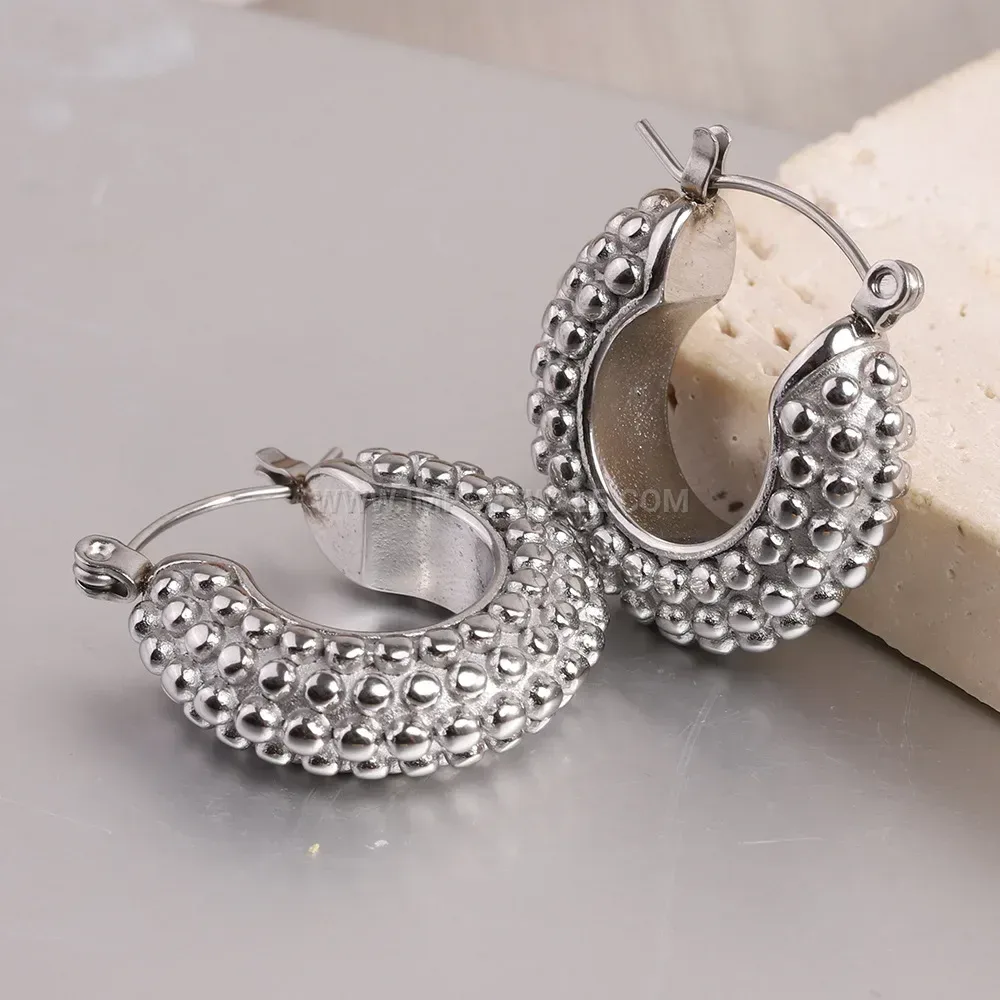 Textured Stainless Steel Oval Drop Earrings