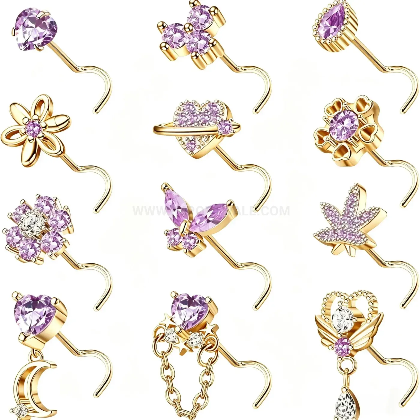 Modern Stainless Steel Curved Nose Stud Piercing with Purple Cubic Zirconia