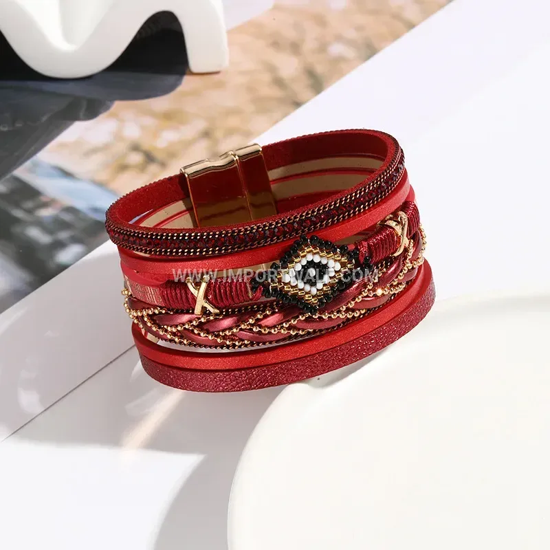 Handmade Woven Leather Beaded Bracelet with Evil Eye