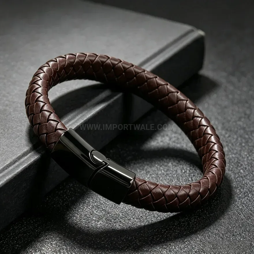 Trendy Braided Leather Stainless Steel Magnetic Clasp Wristband