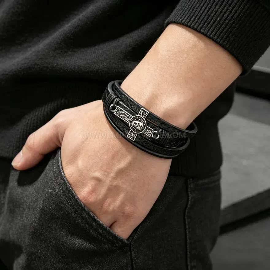 Trendy Multi Layer Braided Leather Cross Accent Bracelet