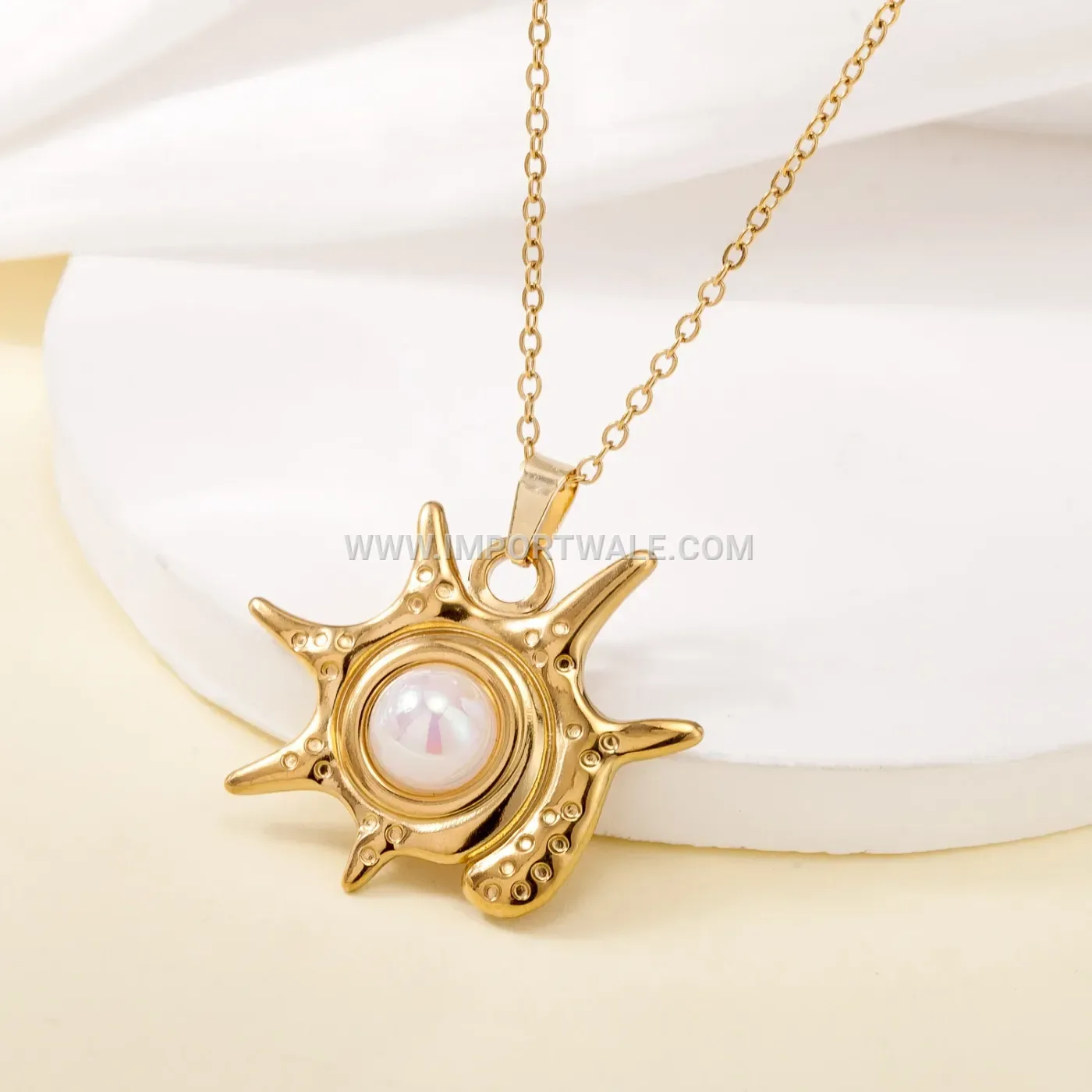 18K Gold Plated Stainless Steel Imitation Pearl Pendant Link Necklace
