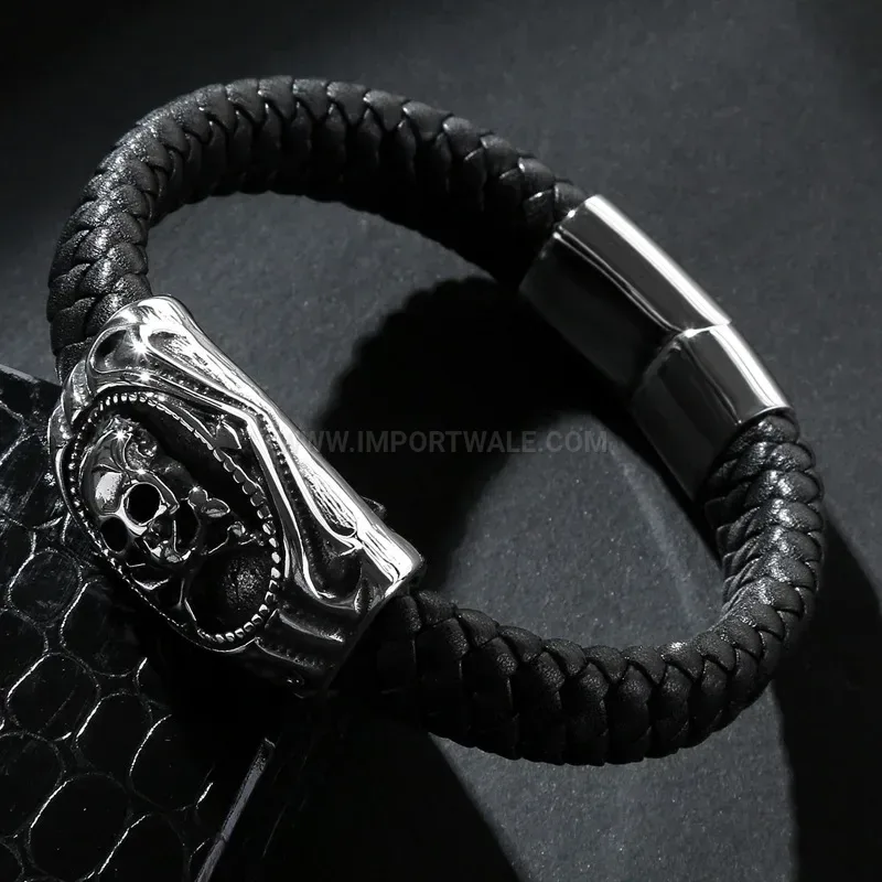 Designer Egyptian King Skull Stainless Steel Leather Bracelet