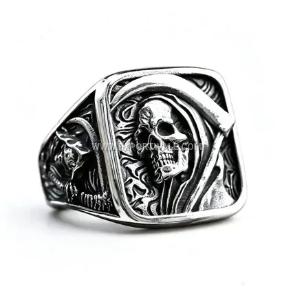 Men's Stainless Steel Grim Reaper Skull Signet Ring