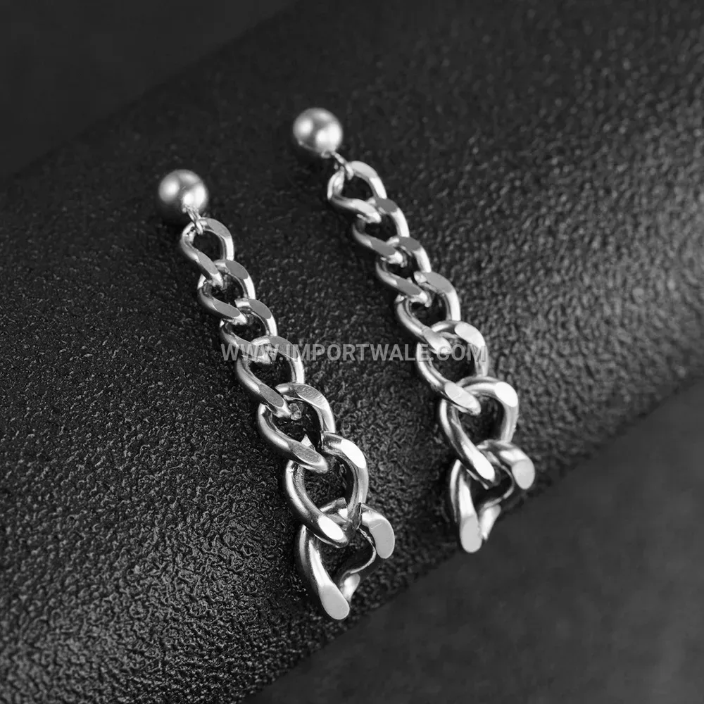Long Stainless Steel Chain Dangle Earrings with Drop Accent