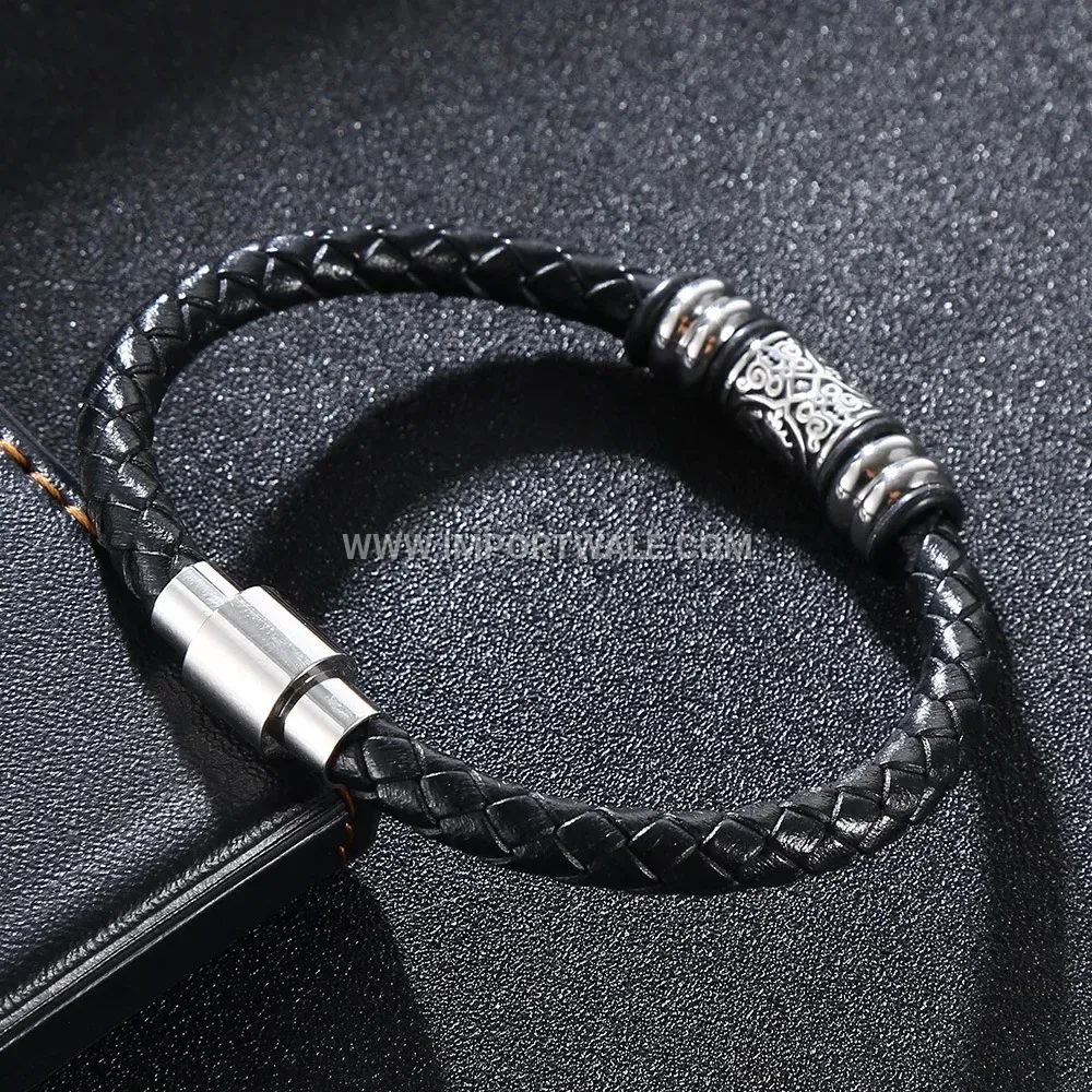 Braided Black Leather Bracelet with Stainless Steel Clasp