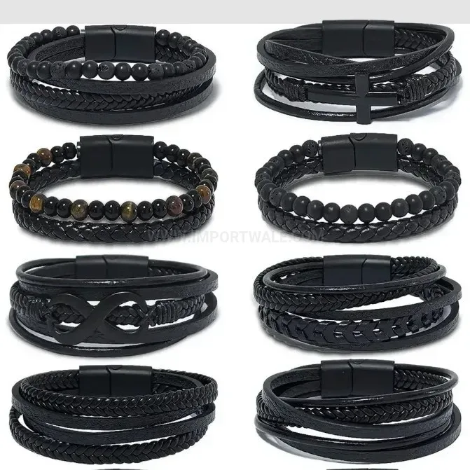 Men Multilayer Woven Leather Bracelet with Magnetic Clasp and Tiger Eye Beads