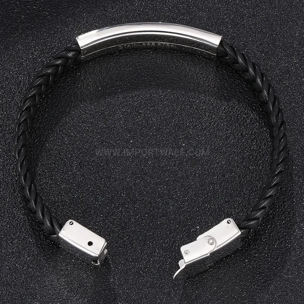 Woven Black Leather and Stainless Steel Minimalist Bracelet