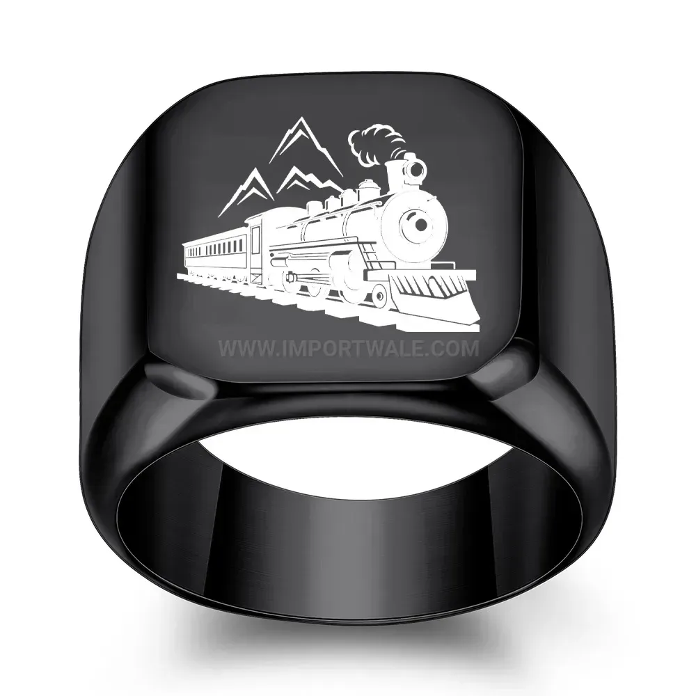 Elegant Engraved Train Motif Square Stainless Steel Signet Ring