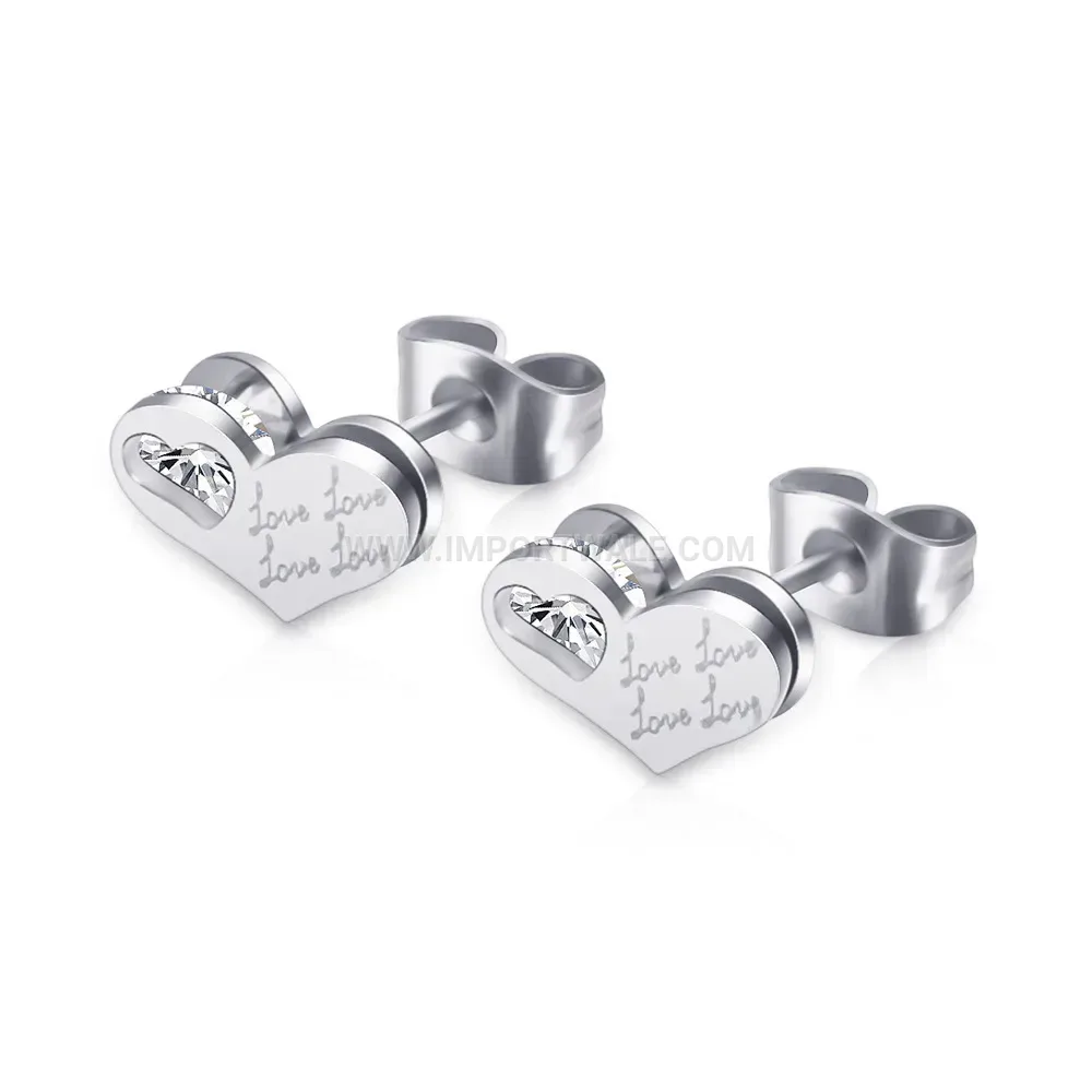 Laser Engraved Love Heart Stainless Steel Crystal Stud Earrings
