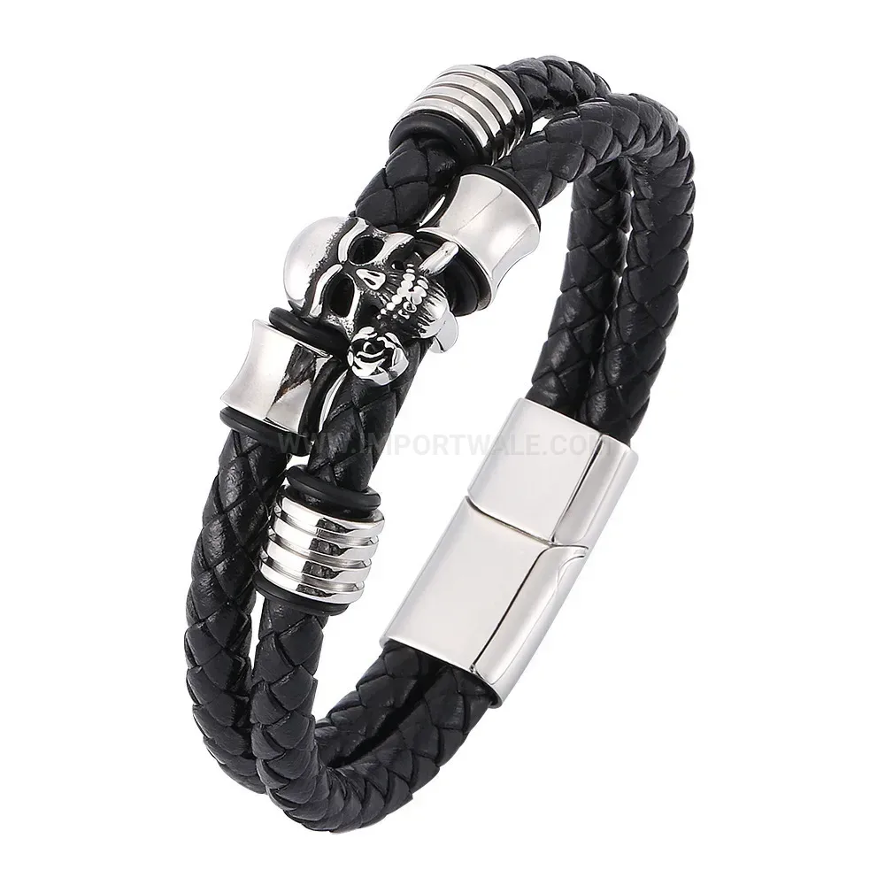 Punk Style Skull Rose Stainless Steel Black Leather Wristband