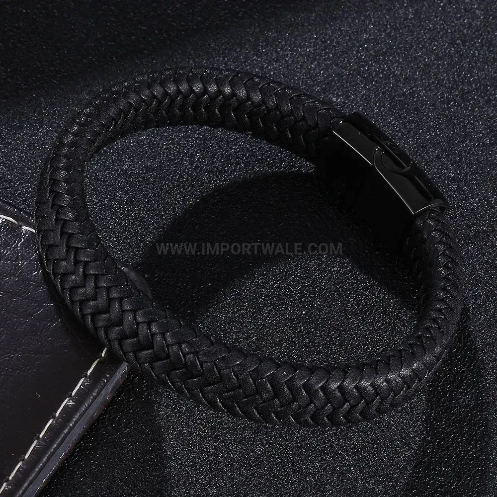 Black Woven Microfiber Leather Stainless Steel Bracelet