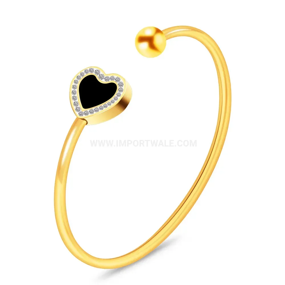 Classic Stainless Steel Rhinestone Heart Open Bangle Bracelet