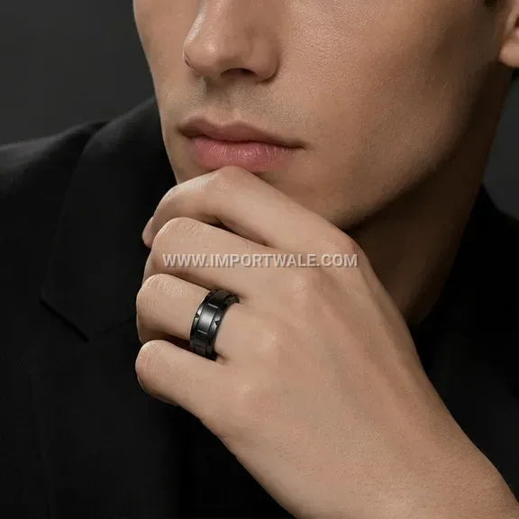 Roman Numeral Black Gemstone Stainless Steel Ring