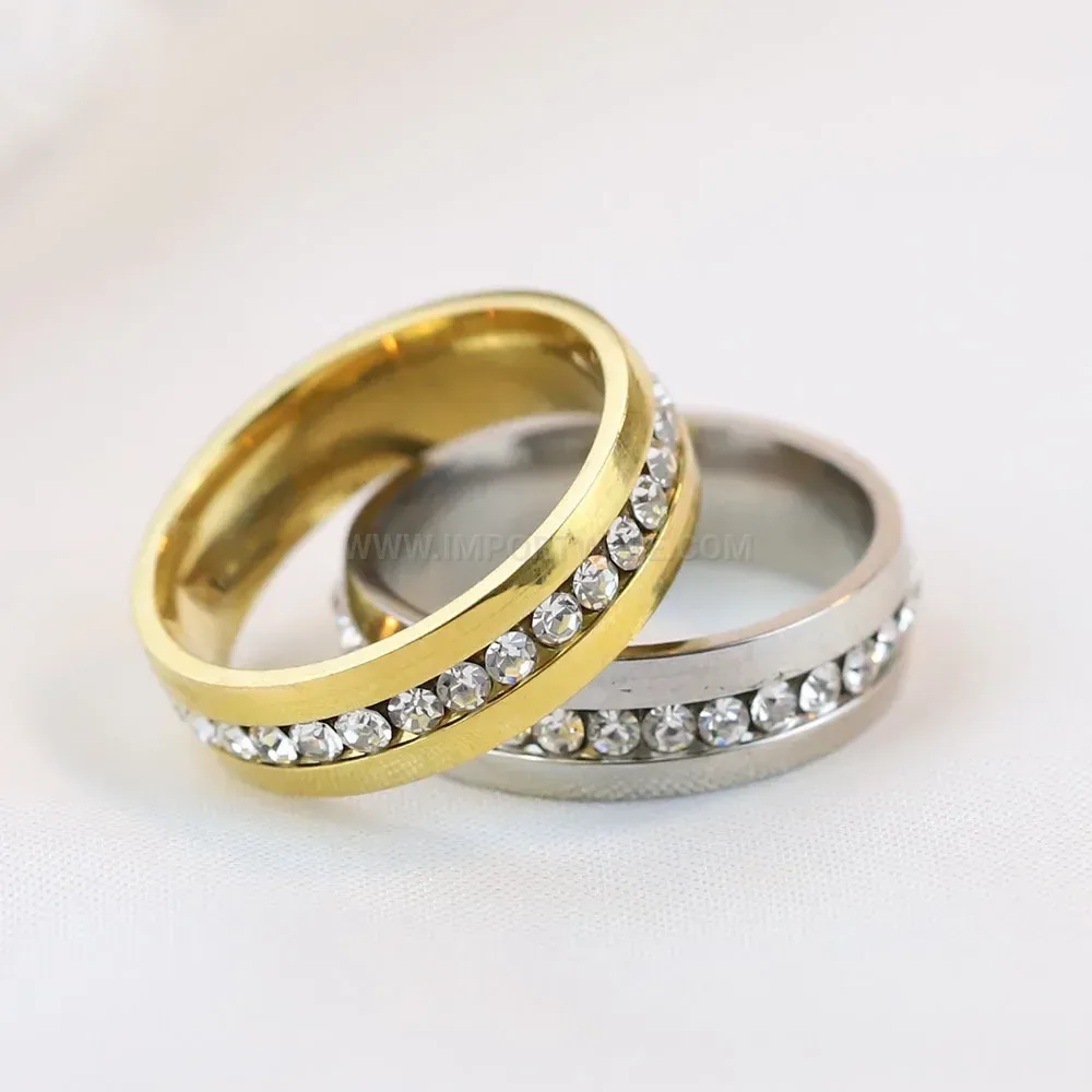 Single-Row Crystal Inlaid Stainless Steel Band Ring