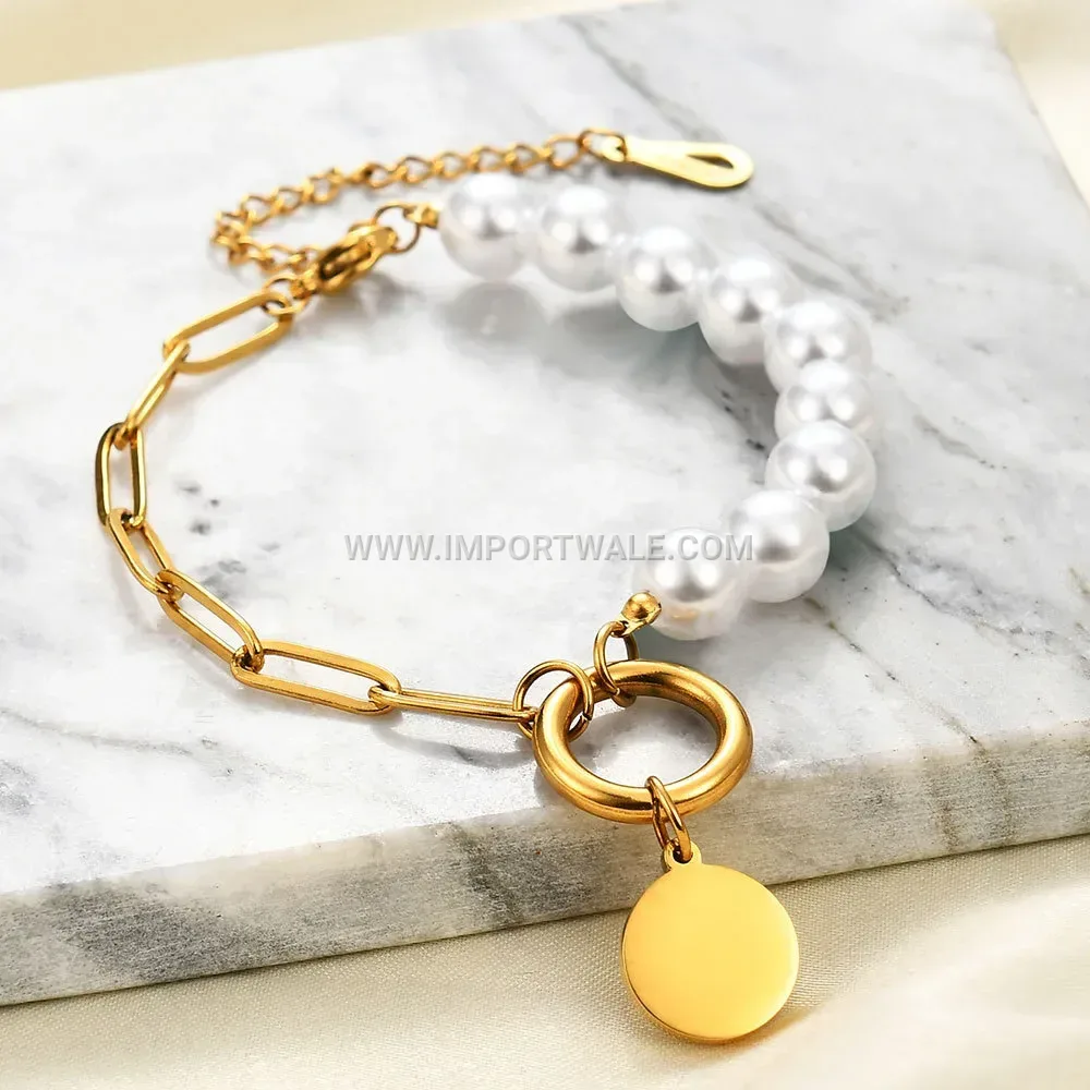 Stainless Steel Faux Pearl Link Bracelet with Smooth Disc Charm