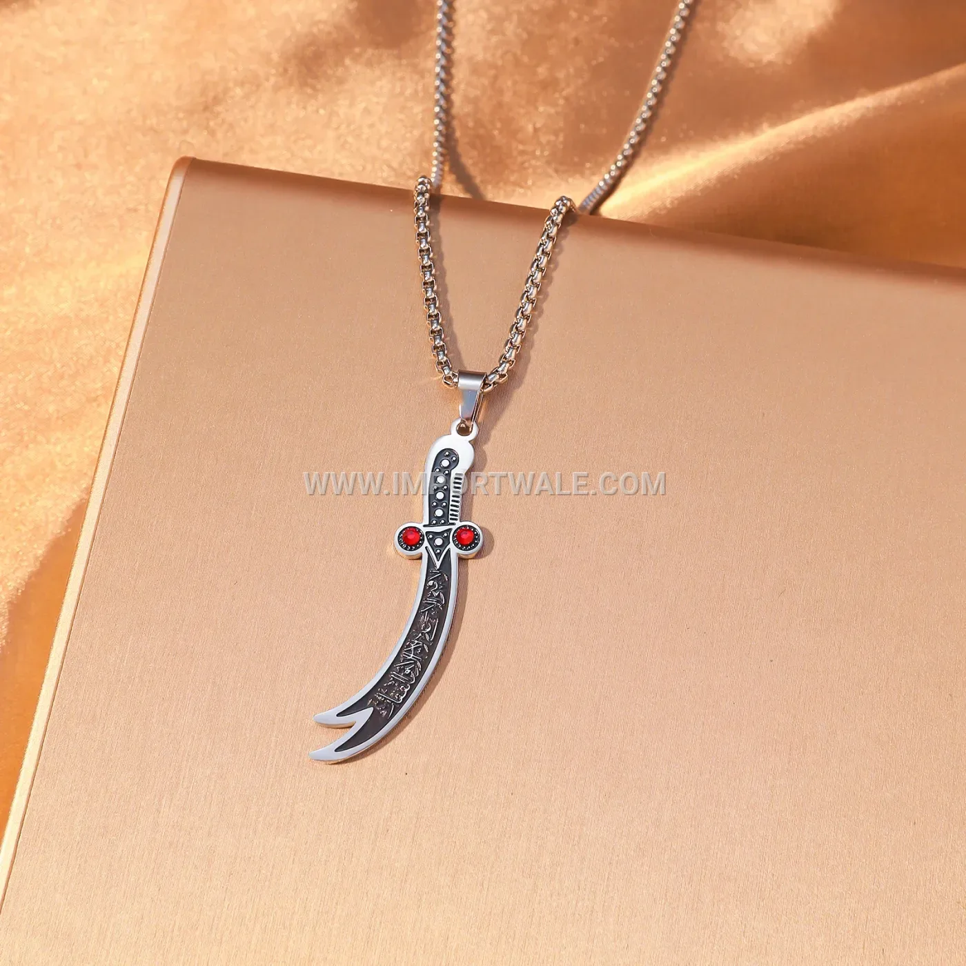 Stainless Steel Zulfiqar Sword Pendant Necklace with Zircon Accents
