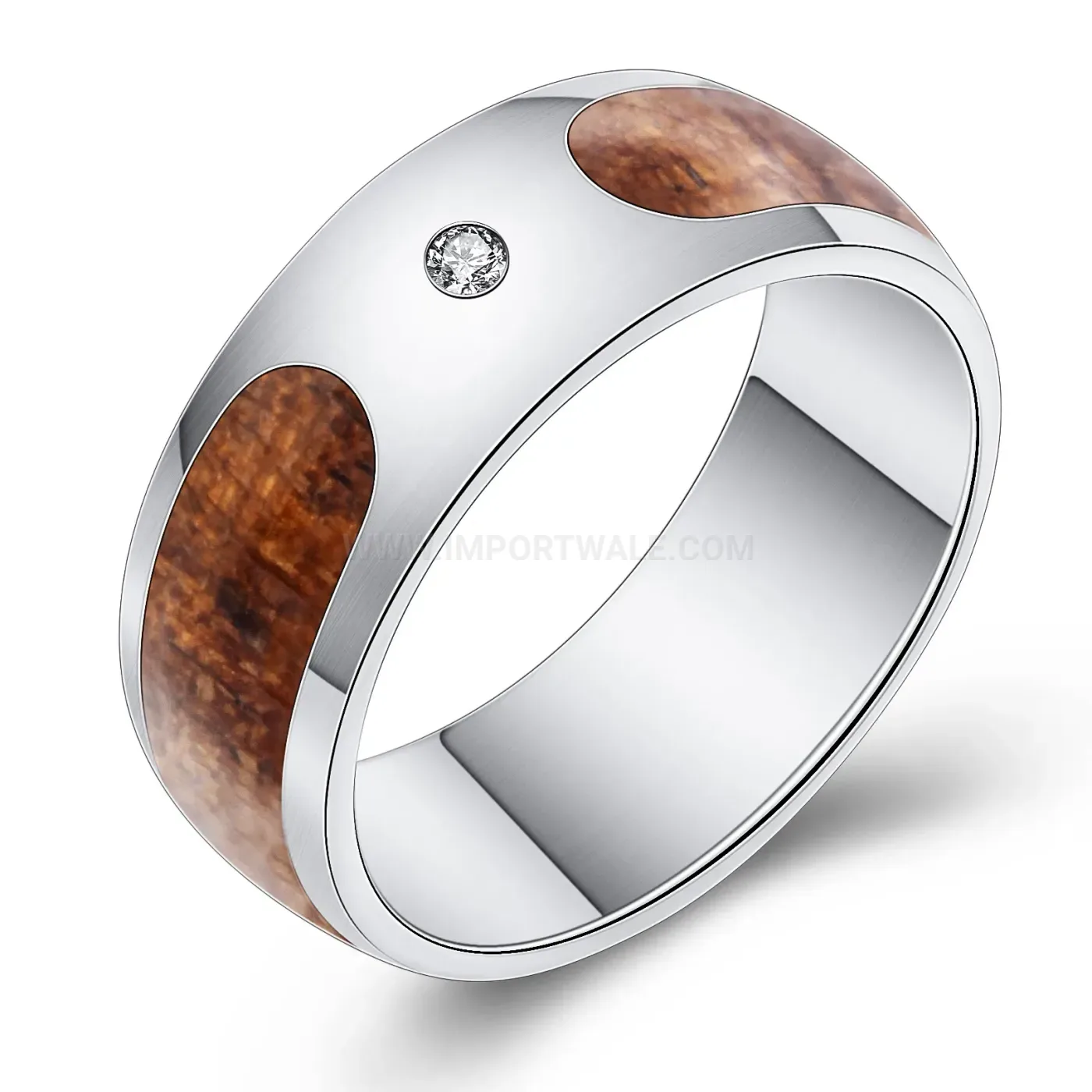 Elegant Wood Grain Inlaid Rhinestone Stainless Steel Couple Ring