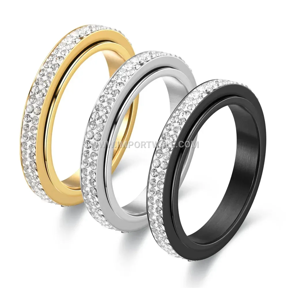 Double Row Rhinestone Stainless Steel Spinner Ring