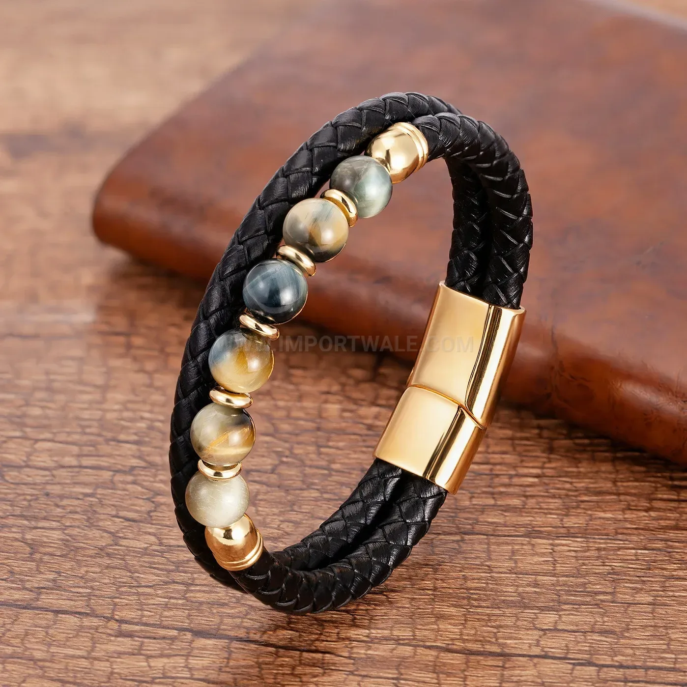 Tigers Eye Bead Braided Leather Wrap Bracelet Stainless Steel