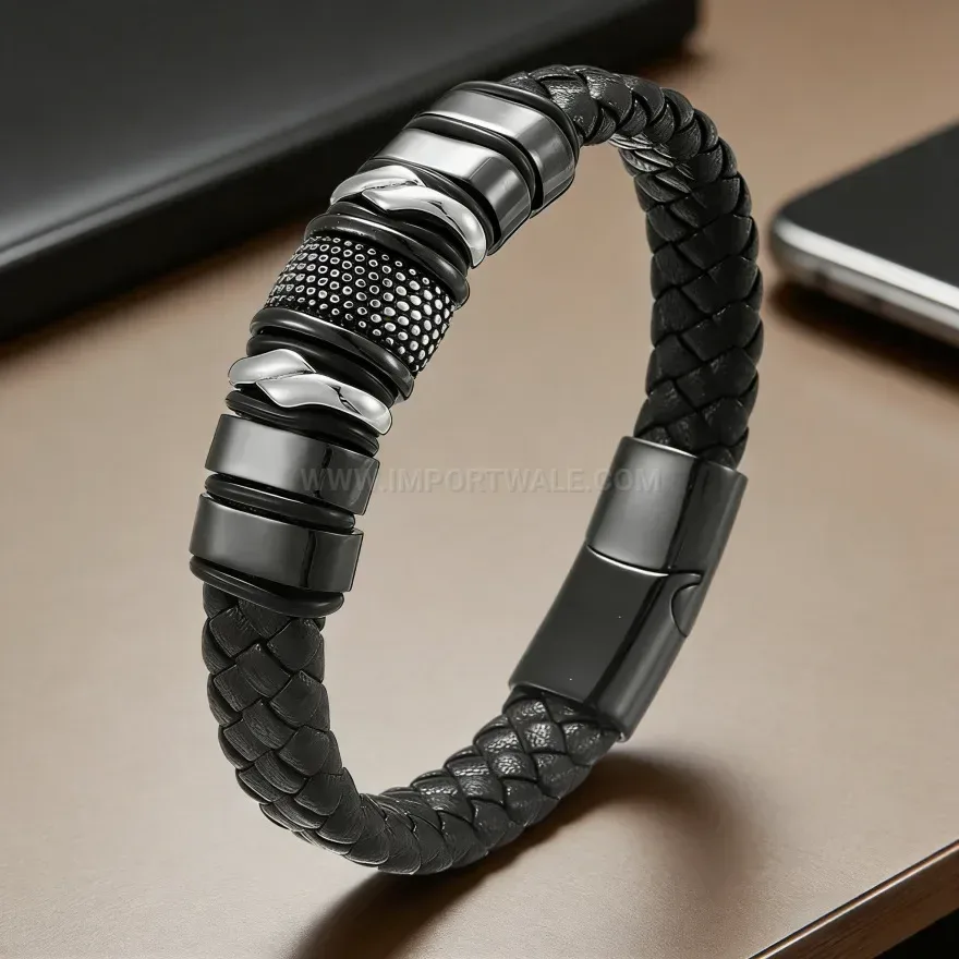 Modern Braided Leather Magnetic Clasp Bracelet with Alloy Accents