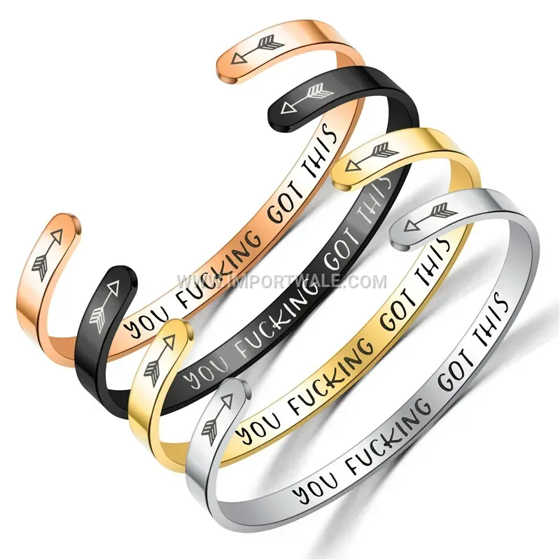 Engraved Stainless Steel Open Cuff Inspirational Bracelet
