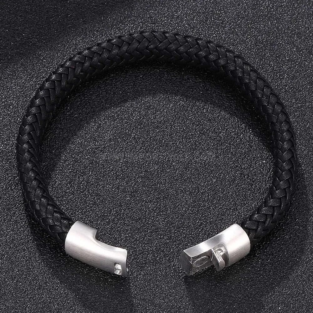 Woven Leather Rope Bracelet with Steel Magnetic Buckle