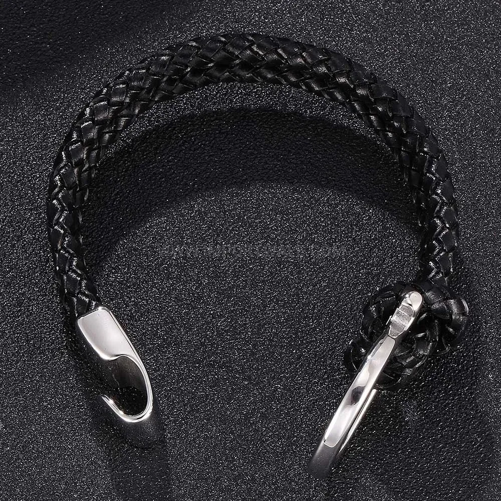 Braided Black Leather Wristband with Stainless Steel Clasp