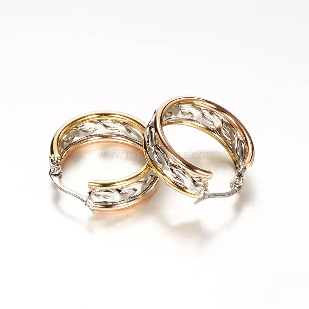 Chic Two-Tone Textured Cutout Stainless Steel Hoop Earrings