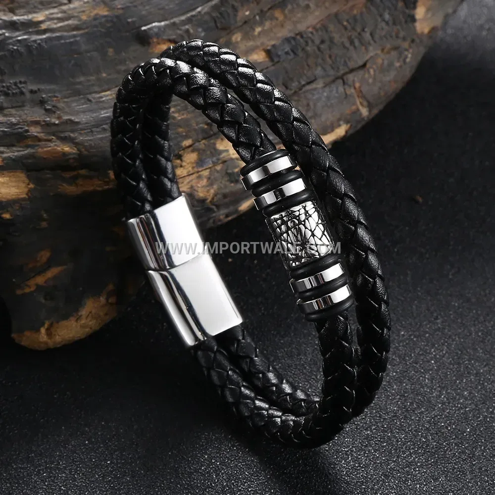 Double-Wrap Braided Leather Stainless Steel Bracelet with Magnetic Clasp