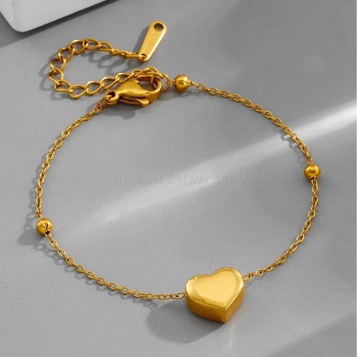 Titanium Steel Bead Accent Heart Charm Bracelet
