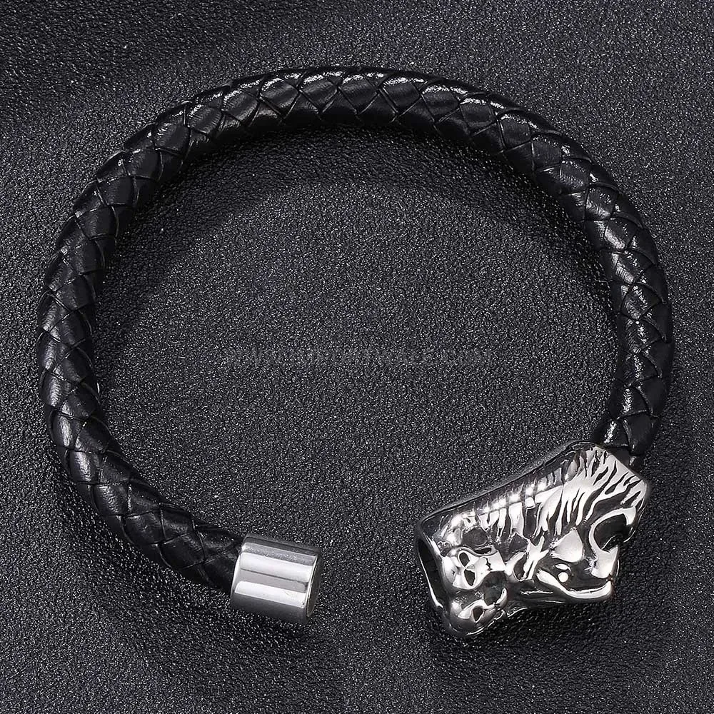 Elegant Braided Leather Lion Head Crown Bracelet with Stainless Steel Details